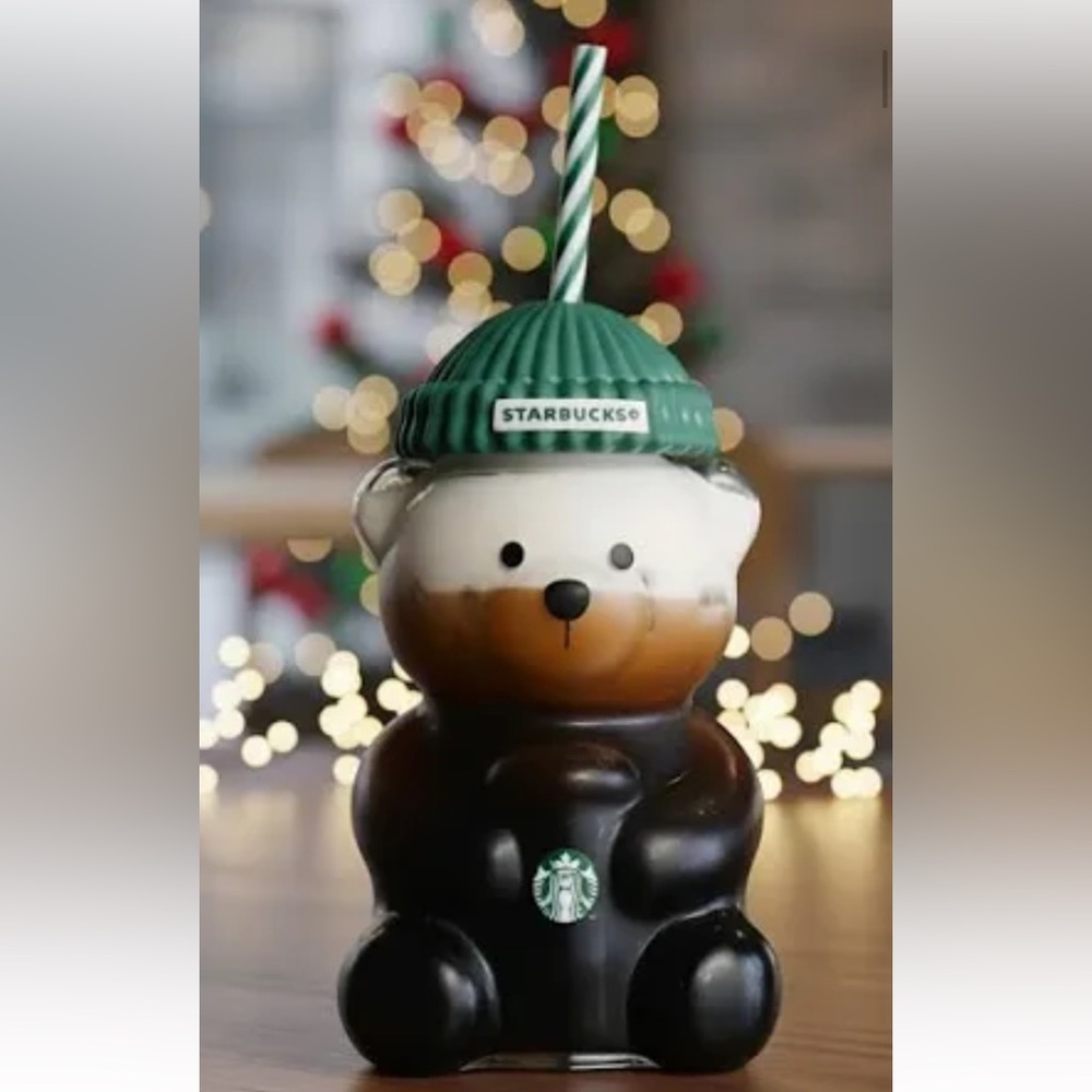 Starbucks Bear Glass Tumbler Green Beanie Lid Viral Kawaii Rare NIB Cup